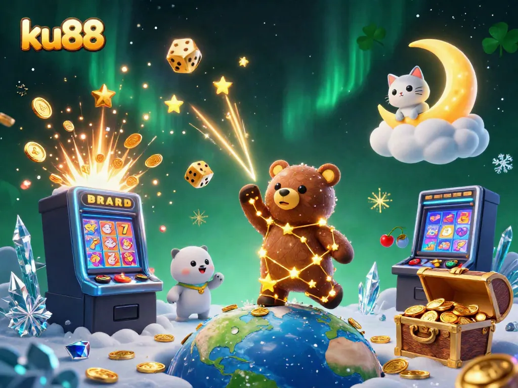 Experience the allure of ku88 as the constellation bear scoops up coins amidst a vibrant casino scene.