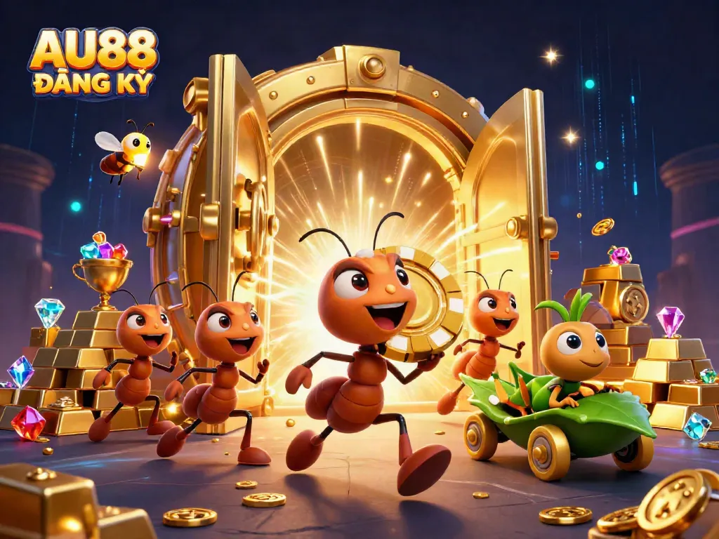Join the excitement with AU88 ĐĂNG KÝ as ants carry a giant poker chip in a dazzling treasure scene.