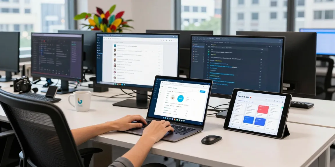 Professional using the Telegram Web Version in a modern co-working space with multiple screens, showcasing a productive tech environment.