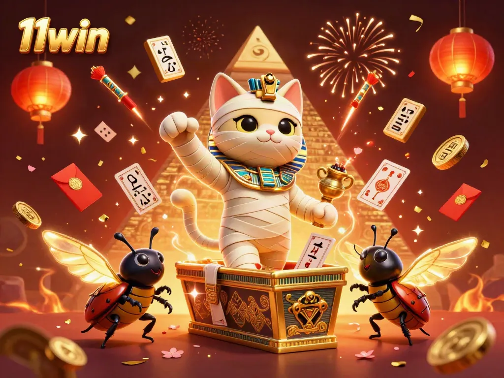 Experience 11win with an illustrated Egyptian-style casino adventure, featuring lucky symbols and festive elements.