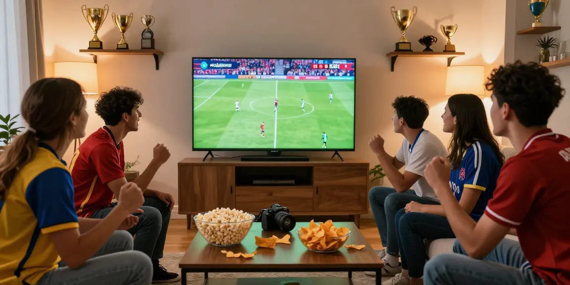 Friends watching rojadirectatv football match in a cozy living room, showcasing excitement and camaraderie.