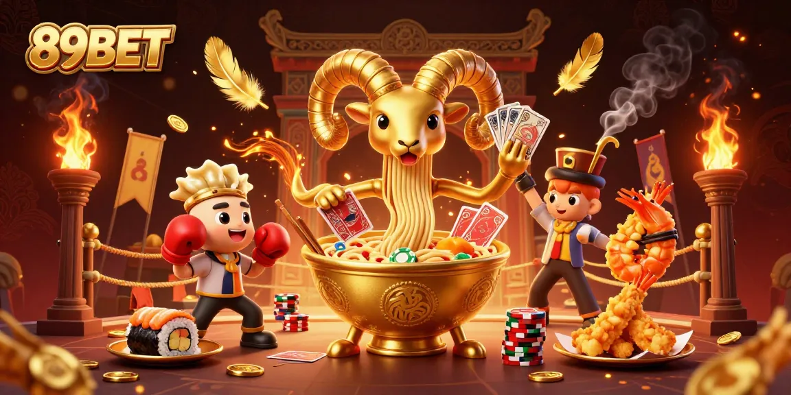 Engage with 89BET's thrilling scene featuring a giant ramen bowl dealer in a dynamic casino environment.