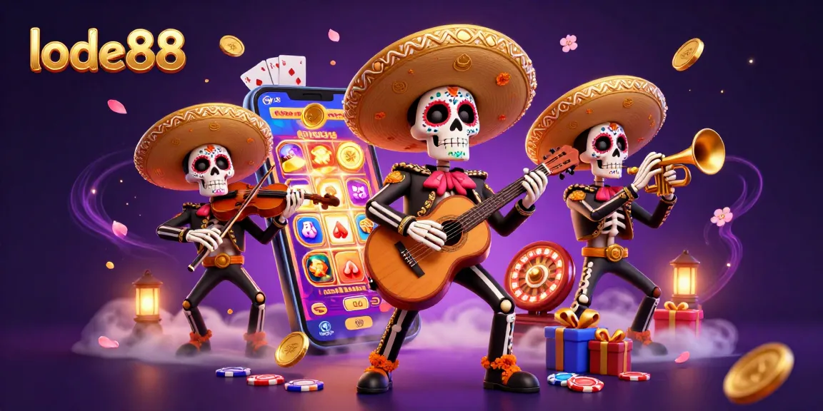 Experience lode88 with vibrant 3D mariachi skeletons celebrating casino games amidst swirling magical elements.
