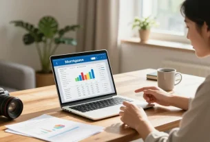 Couple using a simular hipoteca calculator in a modern home office.