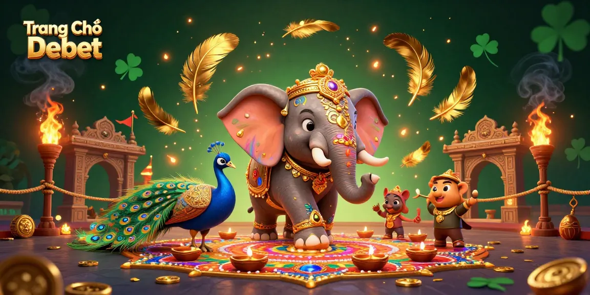 Experience the excitement of Trang Chủ Debet with this vibrant casino-themed illustration, showcasing a festive elephant and peacock.