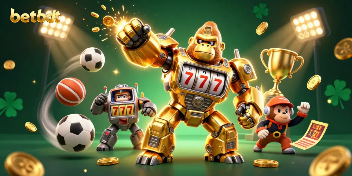Engage with betbdtt's dynamic gaming world featuring a gorilla mech and energetic sports elements.