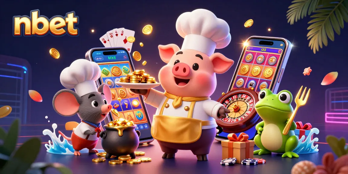 nbet characters serve gold coins in vibrant casino scene with slots and games