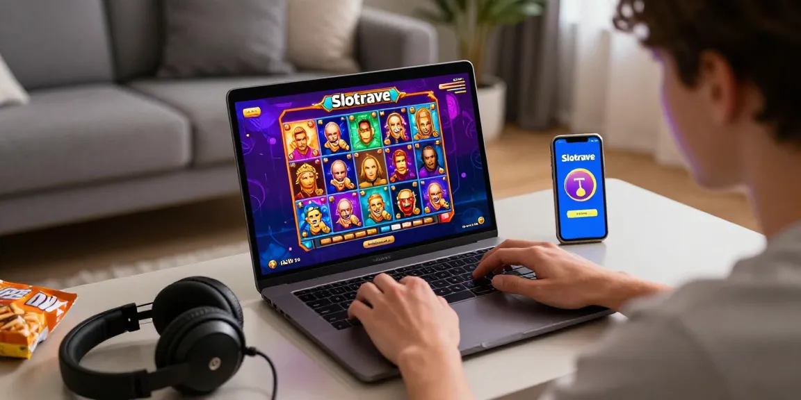 Excited player engaging with Slotrave casino games on a laptop surrounded by colorful graphics.