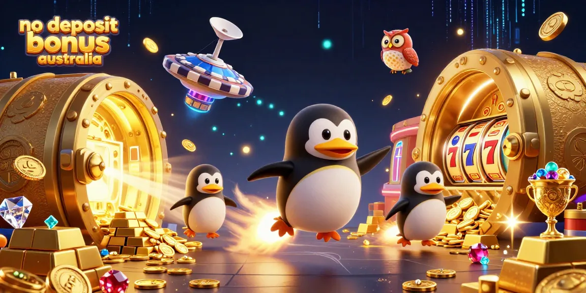 Experience excitement with no deposit bonus australia, featuring a golden penguin in a vibrant casino setting.