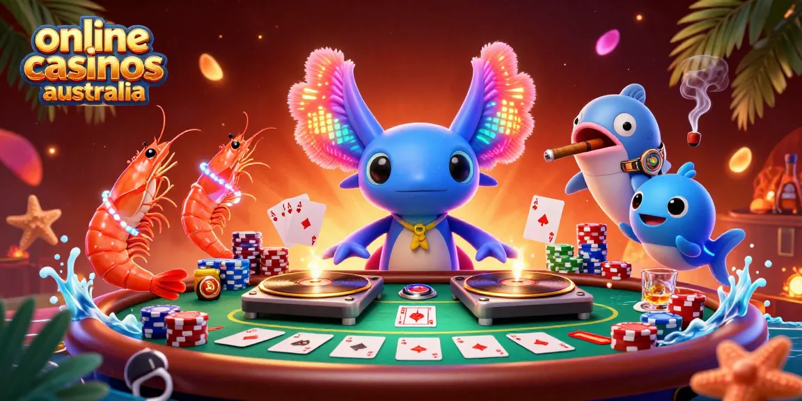 Engage with the vibrant online casinos Australia scene featuring a neon axolotl DJ and colorful gambling elements.