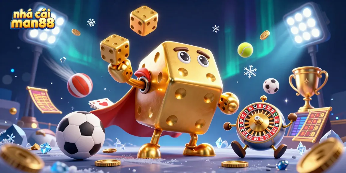 Engage with nhà cái man88: A vibrant scene featuring a golden dice golem and dynamic sports elements.