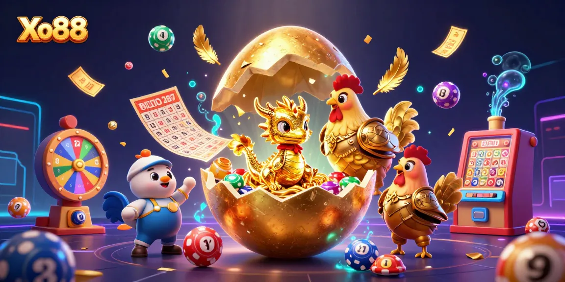 Xo88 reveals a baby golden dragon above poker chips surrounded by vibrant colorful gambling elements.