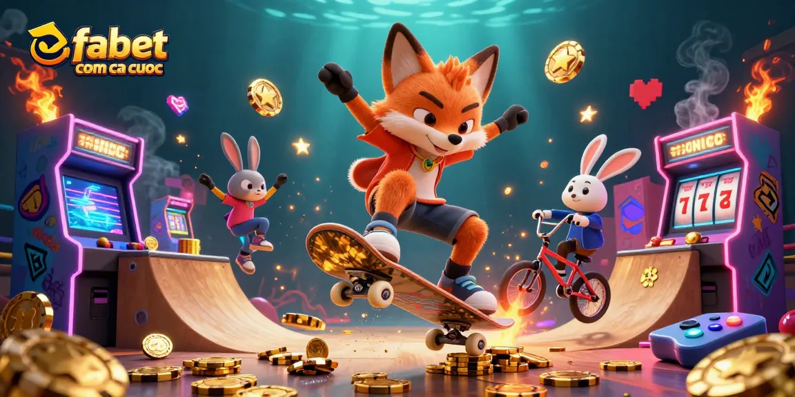 Experience fabet com ca cuoc with vibrant 3D casino-themed scene featuring skateboarding fox and BMX rabbit.