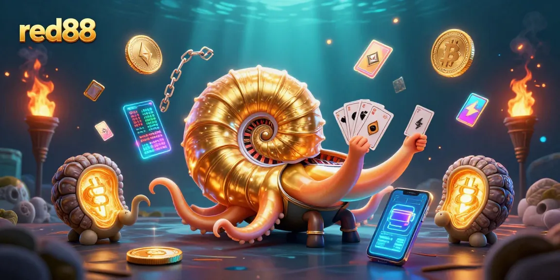 Engage with red88's ultimate gaming experience, featuring vibrant illustrations of casino elements.