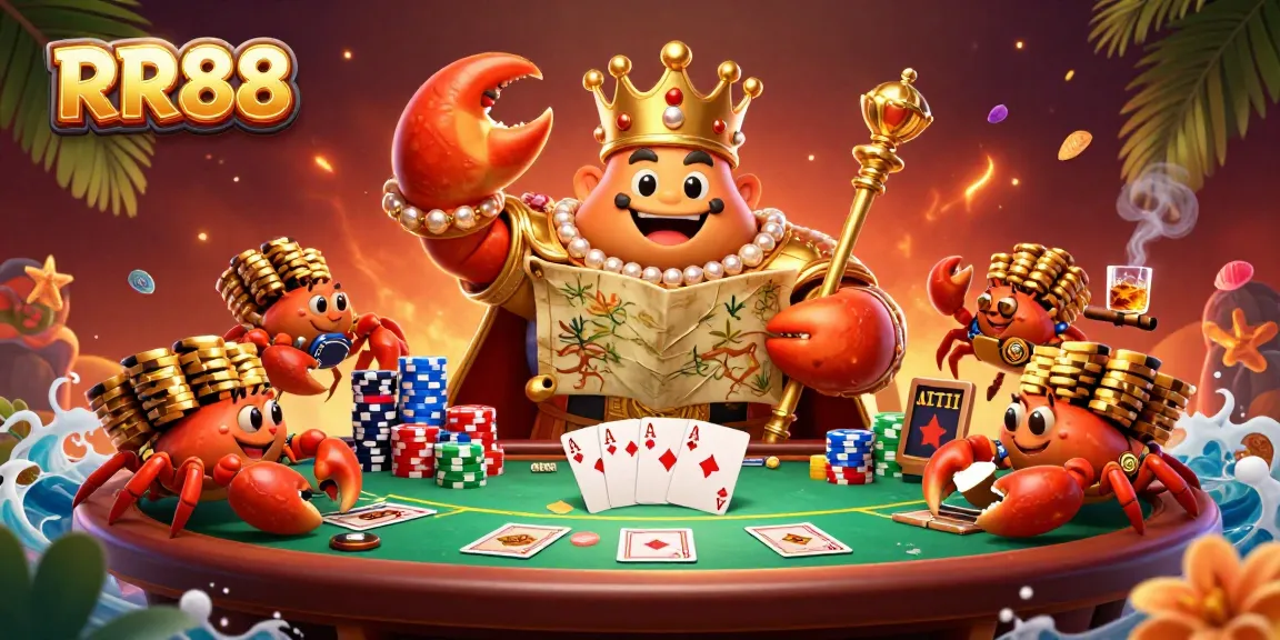 Engage with the thrilling atmosphere of RR88 featuring a golden crab emperor amidst chips and poker elements.
