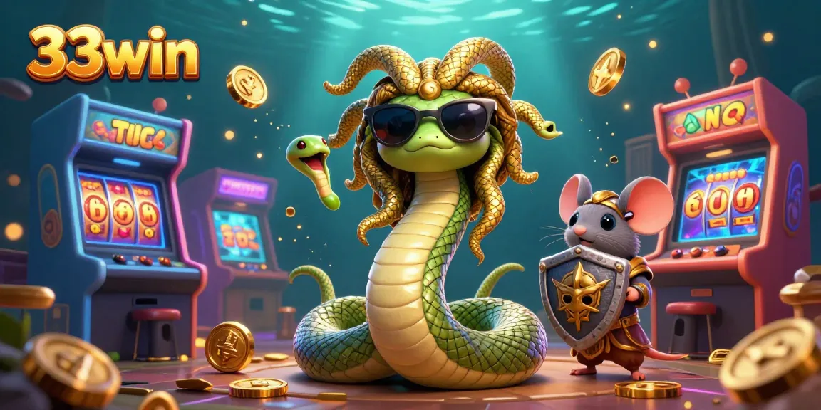 Join the excitement at 33win with a captivating 3D illustration of Medusa and casino elements.