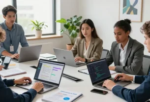 Team brainstorming session on how to build internal tools with AI in a modern office.