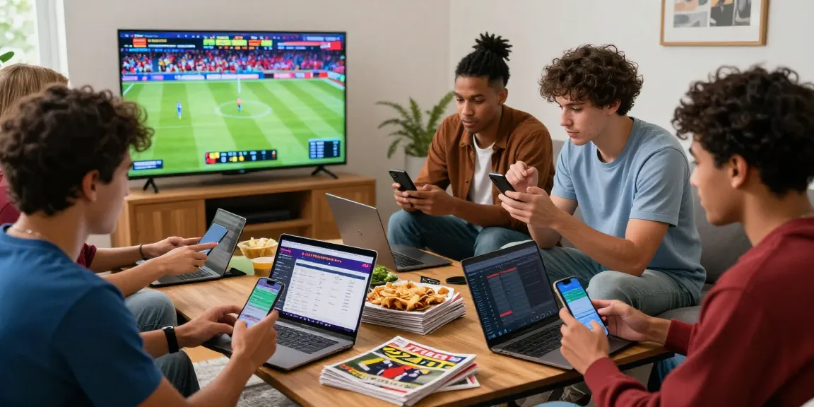Friends enjoying sports betting with 22Bet app on smartphones during a lively game night.