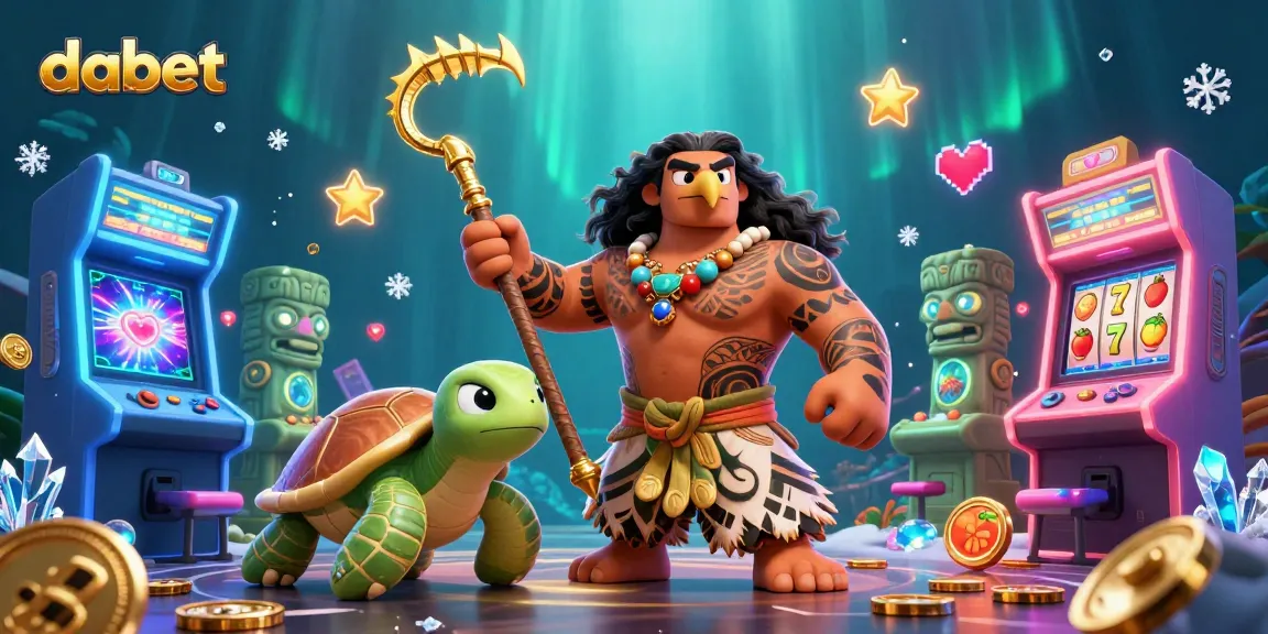 Dabet engages players with a vibrant scene of slot reels and arcade elements featuring a demigod hawk and turtle.