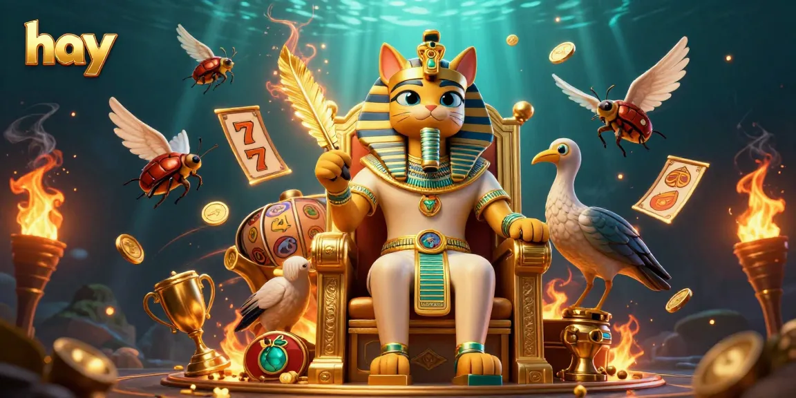 Bet on hay with a golden pharaoh cat in an engaging 3D casino illustration filled with slots.