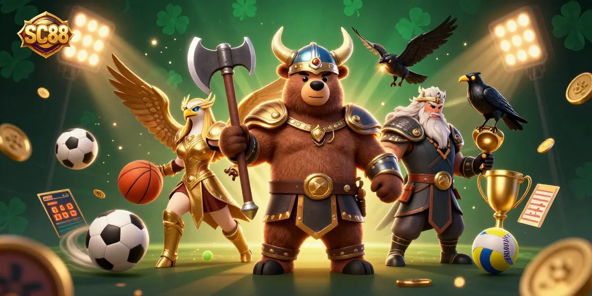 Enjoy thrilling sports betting with SC88, featuring dynamic 3D Viking bear and Valkyrie in action.