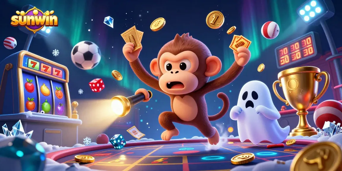 Engage with sunwin in this vibrant 3D casino scene featuring a poltergeist monkey juggling and a curious ghost-hunter puppy.