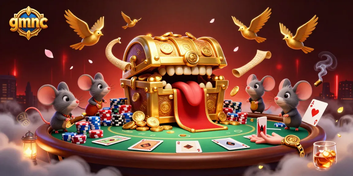 Engaging image of gmnc where cartoon mice are drawn to a treasure chest amidst vibrant poker elements.