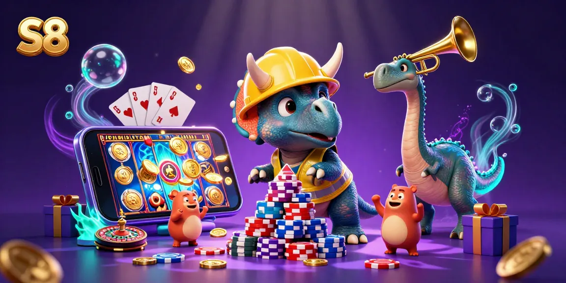 S8 brings exciting luck with a vibrant triceratops and parasaurolophus celebrating casino adventures.