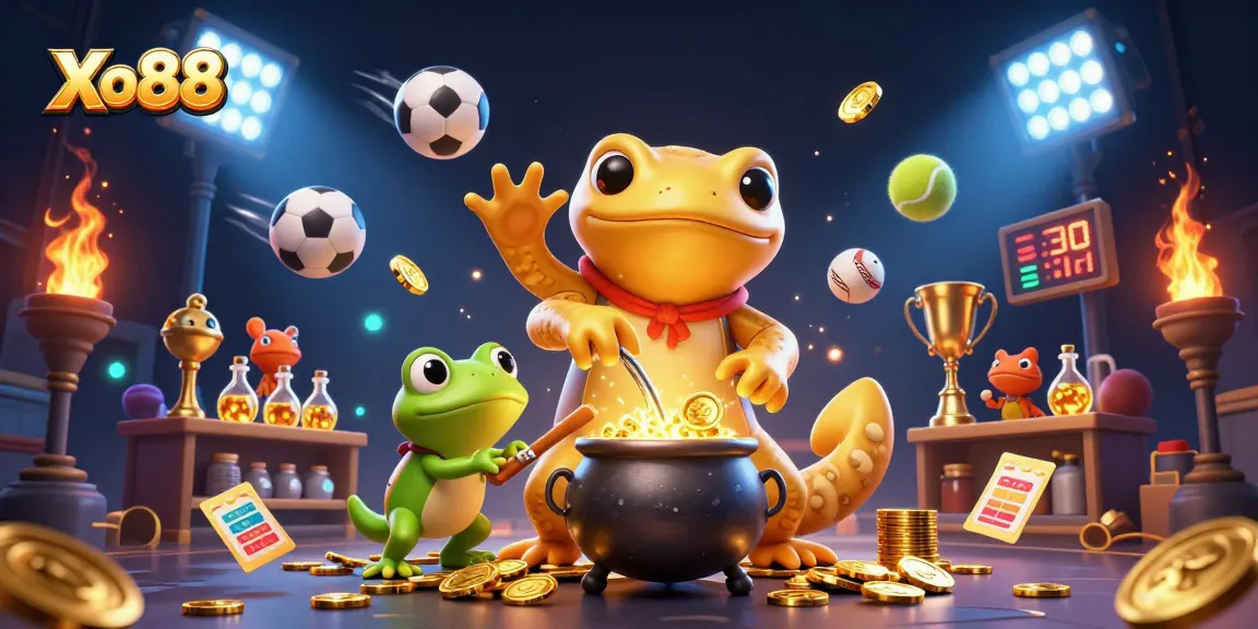 Xo88 offers an exciting gaming experience featuring a golden salamander alchemist and lively sports elements.