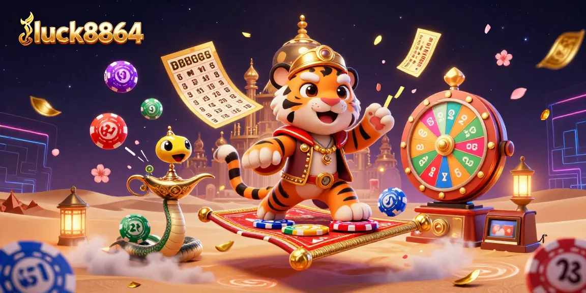 Experience exhilarating gaming action with luck8864's vibrant 3D casino-themed illustration.
