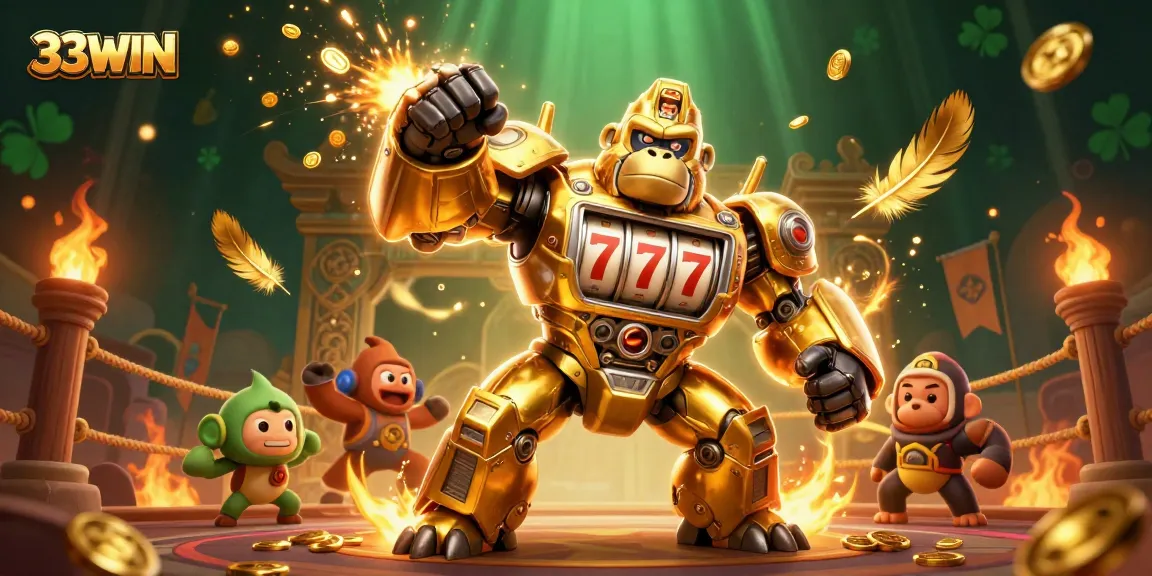 Engage with 33WIN in a vibrant 3D casino world featuring a golden gorilla mech amidst dynamic gaming elements.