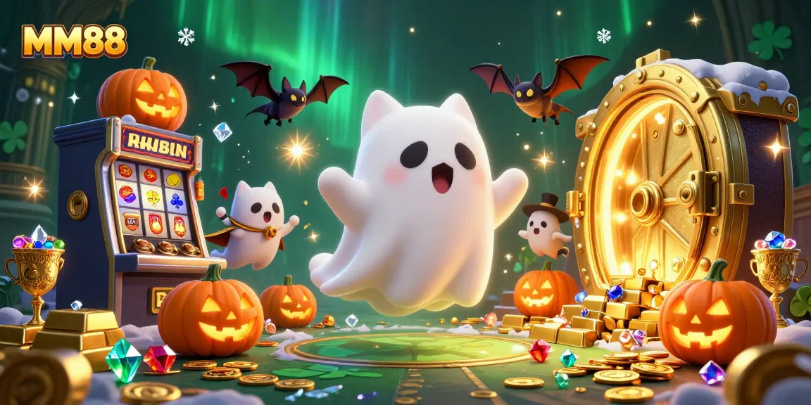 Experience the excitement of MM88 with a ghost cat at a haunted casino amidst sparkling jewels and jackpots.