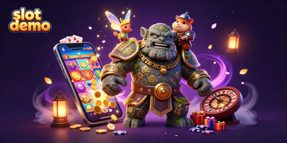 Animasi slot demo menghadirkan golem kuno dengan peri dan hamster, dikelilingi koin emas dan smartphone