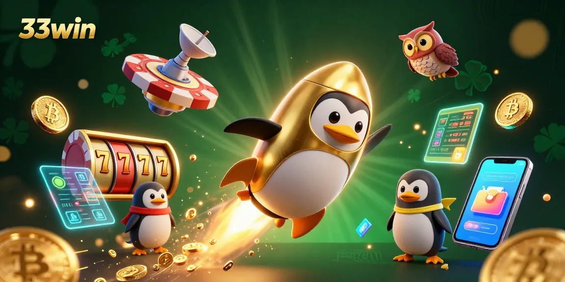 Join the action at 33win with a golden penguin launching into a jackpot adventure in this vibrant cosmic illustration.