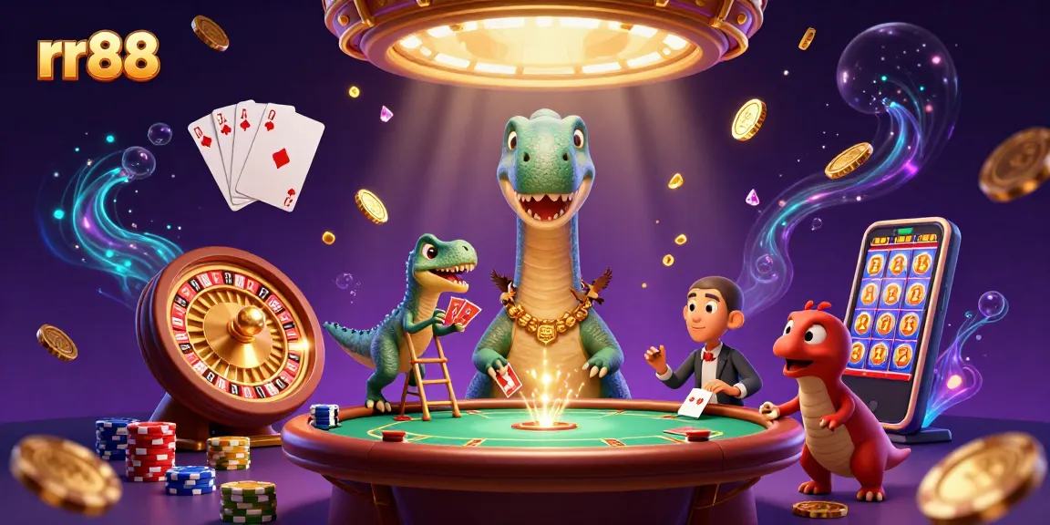 rr88 engages players with an imaginative casino scene featuring a giant brontosaurus and raptor dealers.