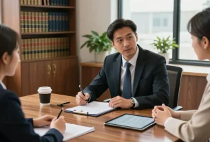 Our website showcases a legal consultation scene with a lawyer and client discussing case details in a modern office.