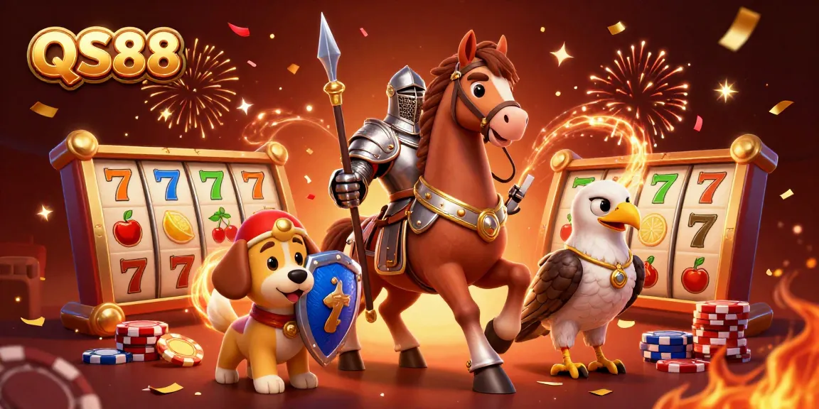 Experience the excitement of QS88 with a 3D cartoon knight and casino-themed elements in a vibrant scene.