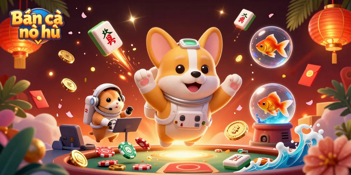 Bắn cá nổ hũ game environment showcasing a cartoon astronaut corgi with floating coins and vibrant casino elements.