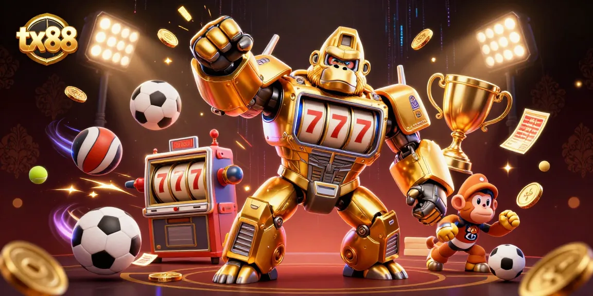 tx88 showcases an epic 3D mech golden gorilla in an electrifying casino sports scene.