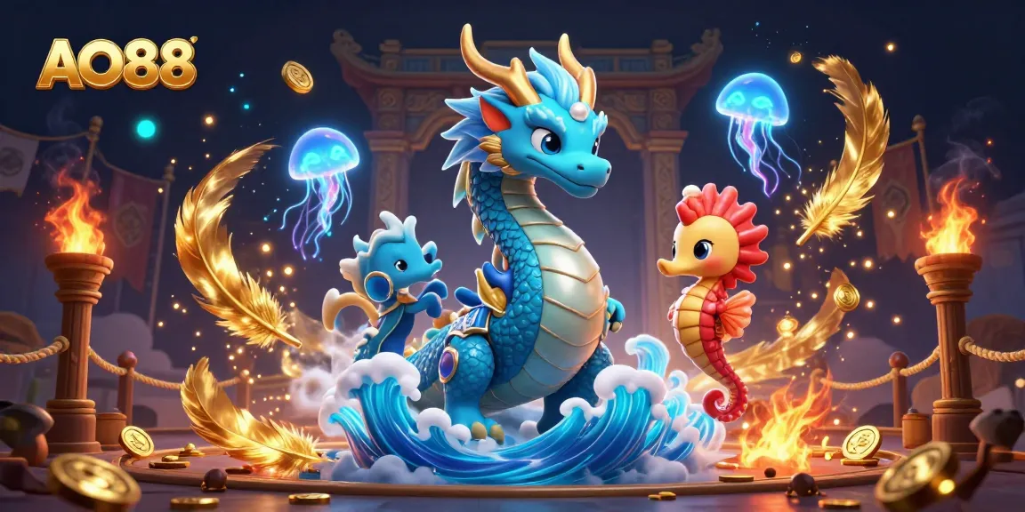 A thrilling engagement in AO88 casino featuring a vibrant dragon and seahorse amidst glowing jellyfish.