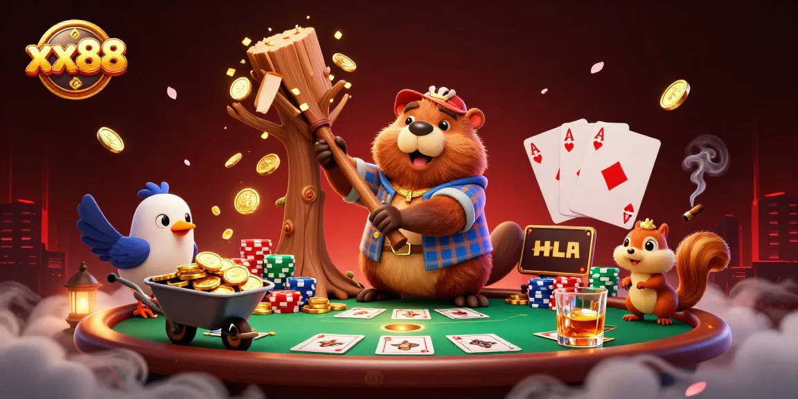 Experience exciting poker action at xx88 with cartoon characters playing and collecting gold coins.