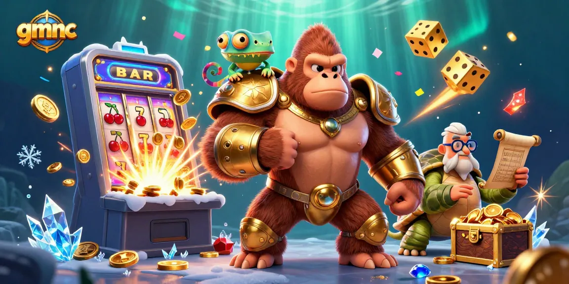 Experience dynamic gambling thrills with gmnc's powerful gorilla king and ingenious chameleon in a vibrant casino scene.